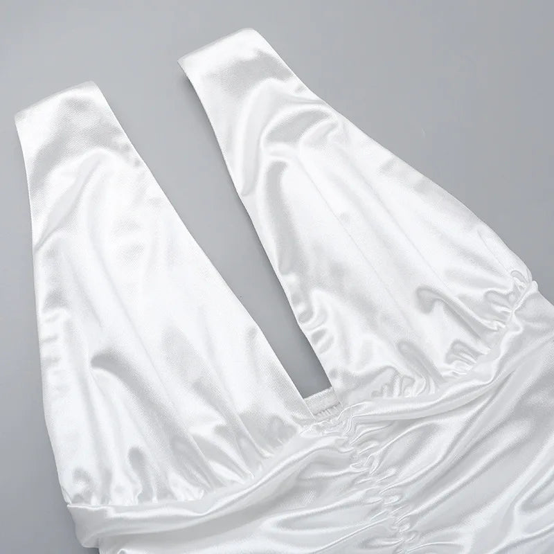 שמלת מיני סאטן בעצוב כיווצים קשירה בכתפיות - Celia