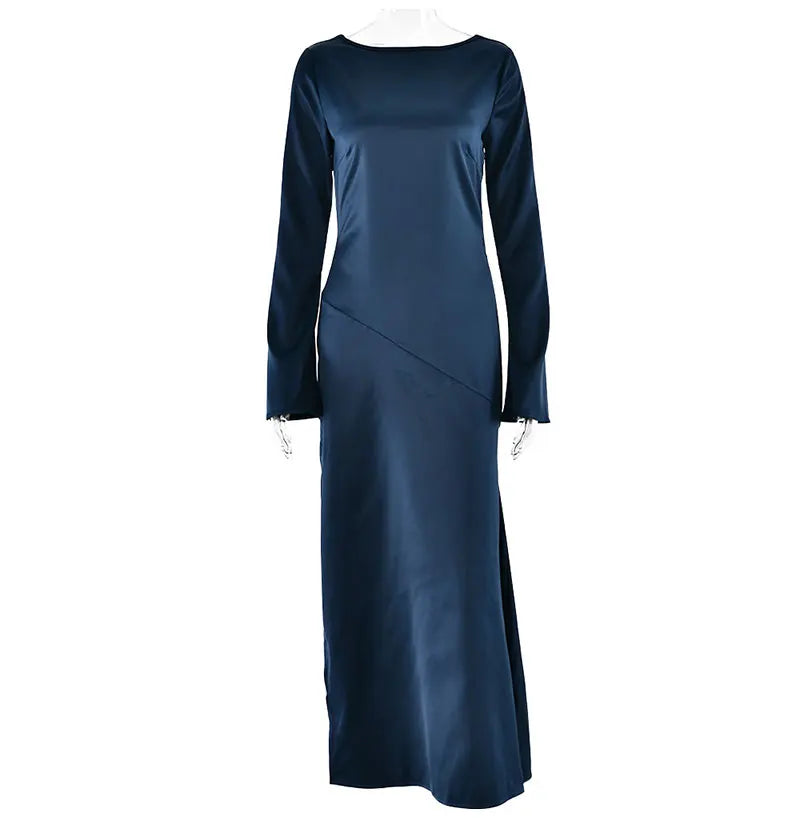 שמלת ערב מקסי סאטן גב פתוח בשילוב שסע ושרוולי פעמון  - מריאן