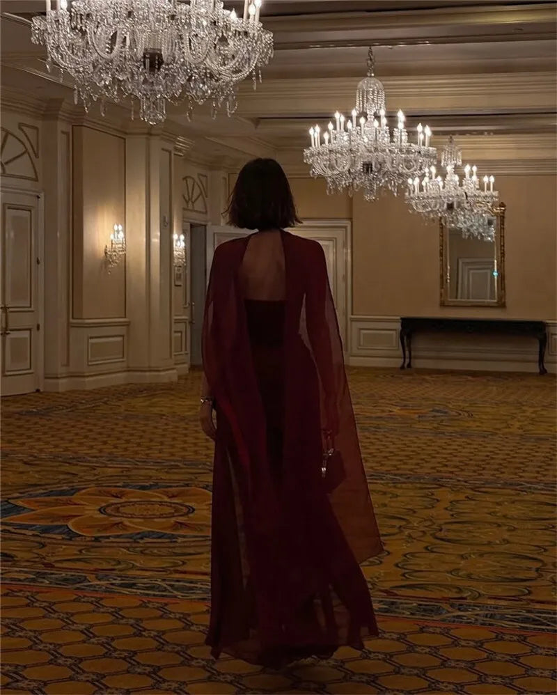 שמלת מקסי סטרפלס חלק תחתון שיפון בעיצוב שסע בעיטור צעיף תואם - Princess