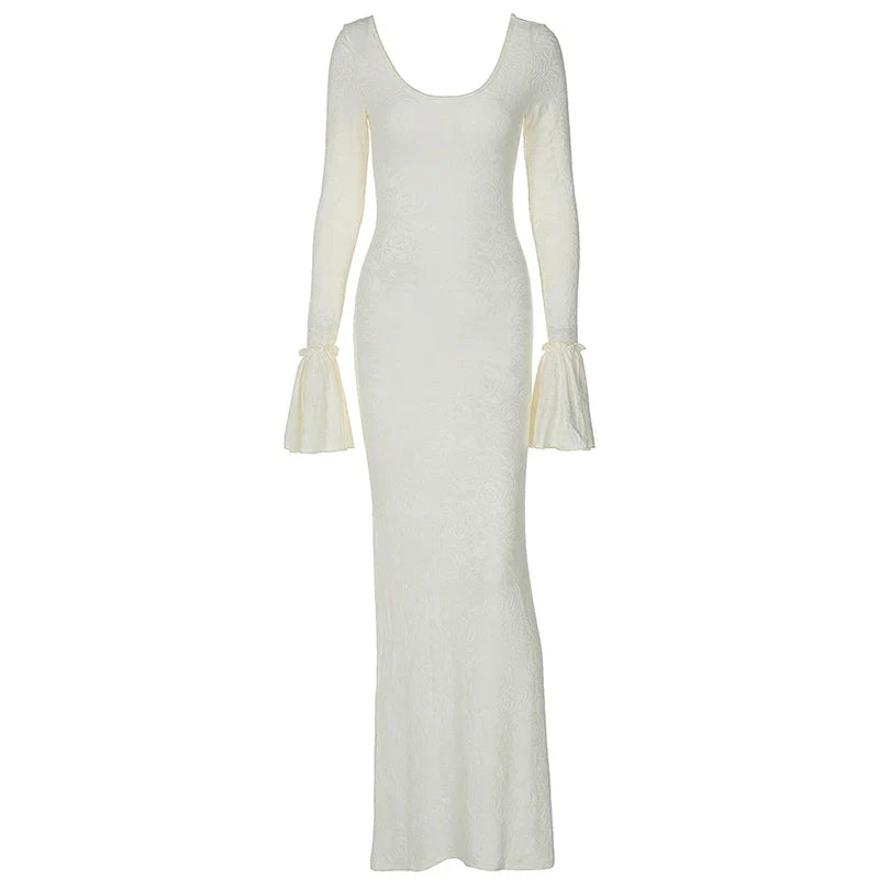 שמלת מקסי בעיטור רקמת פרחים שרוולי פעמון - הלן