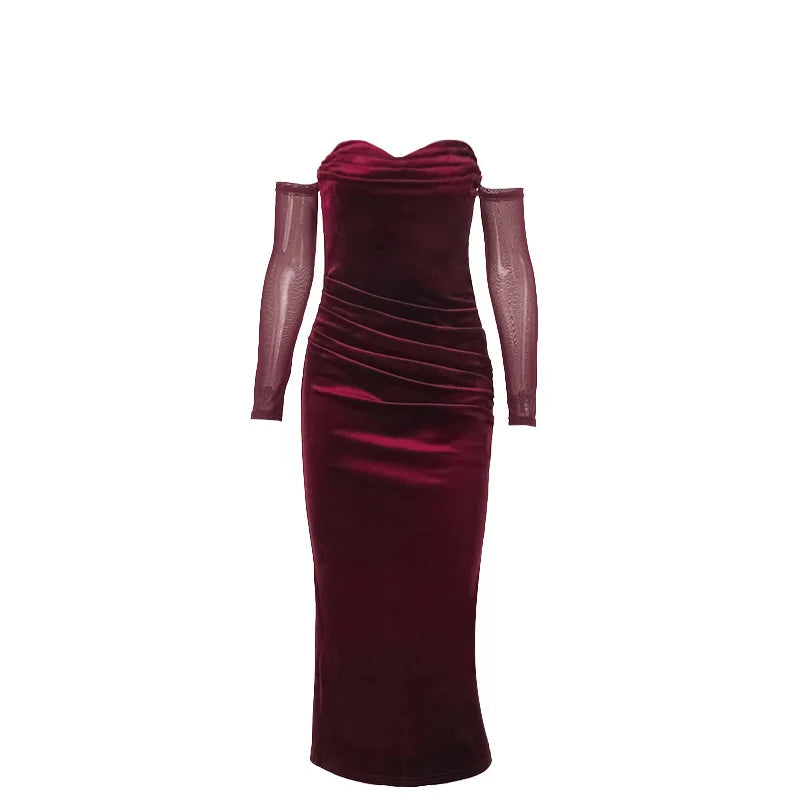 שמלת מידי קטיפה בעיטור קיפולים כתפיים חשופות שרוולי רשת - Johanna