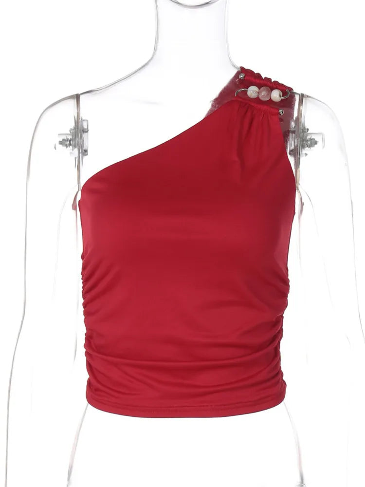 טופ גופיה כתפיה אחת בעיטור אבזם חרוזים - קני