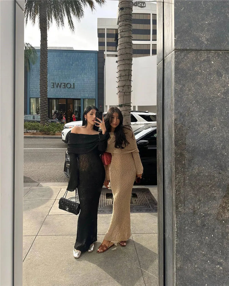 שמלת מקסי סרוגה כתפיים חשופות - אריקה