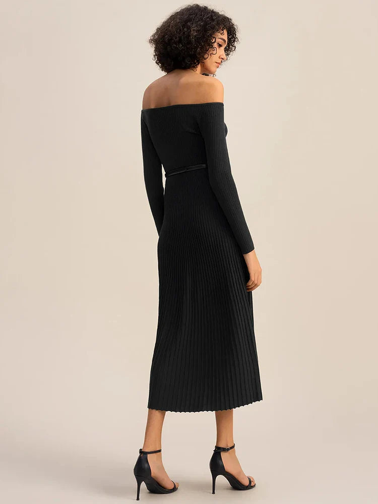 שמלת מידי סרוגה בגזרת A כתפיים חשופות - MILIAN