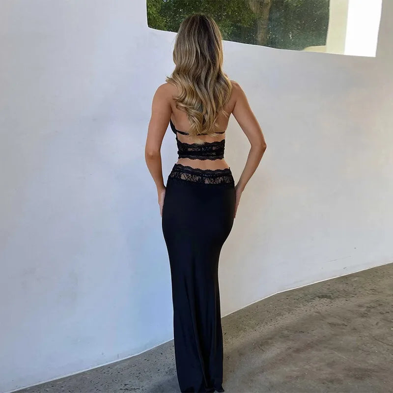 סט שני חלקים חצאית וטופ קשירה בעיטור תחרה - אנג'לין