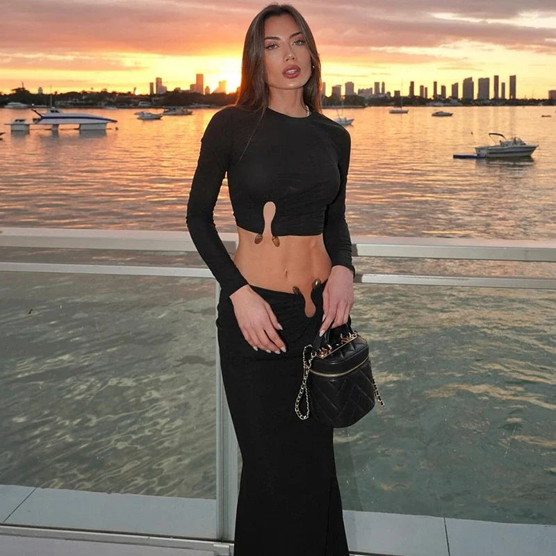 סט שני חלקים חולצת טופ וחצאית מקסי בעיצוב אבזם - ג'סיקה