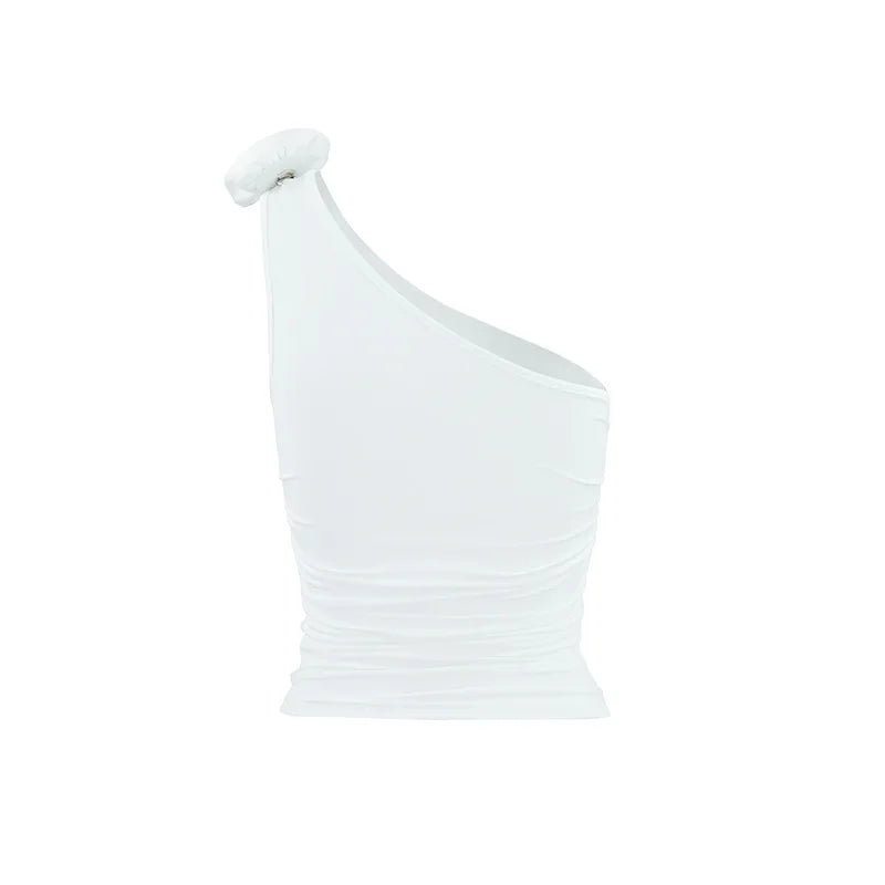 Asymmetric one-shoulder tank top with flower decoration - Carmela