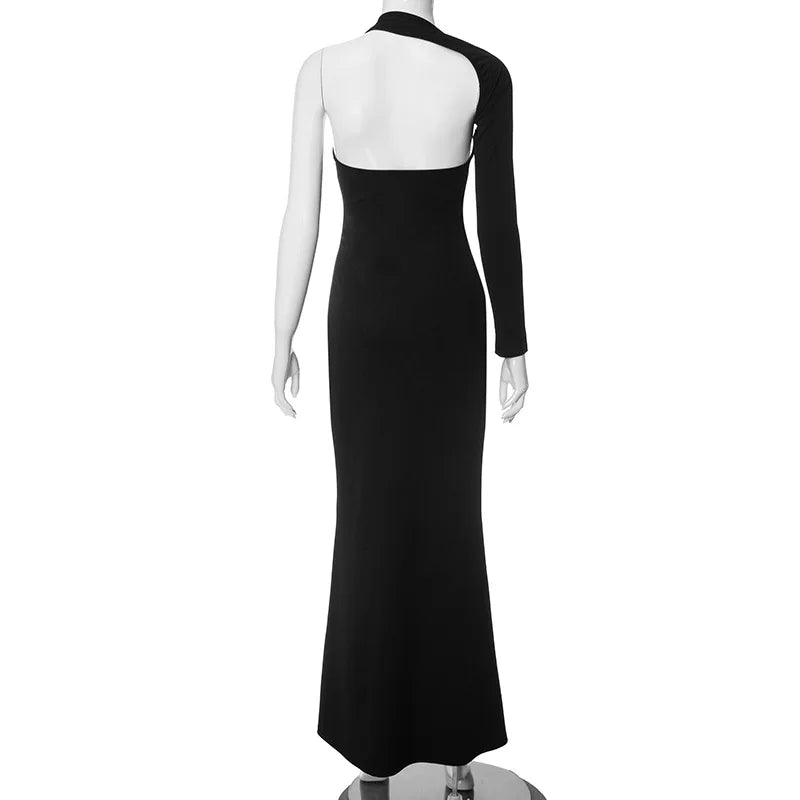 Asymmetrical maxi evening dress with deep slit and one sleeve - Eva