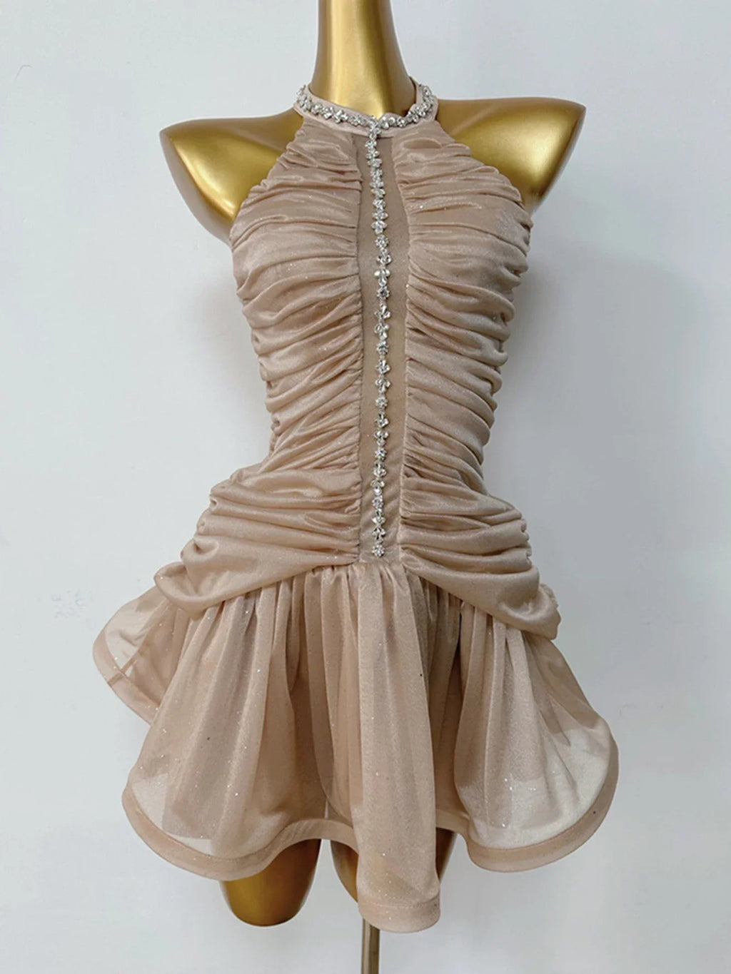 שמלת מיני שיפון קיפולים מלמלה בעיטור יהלומים ונצנצים - יאבה