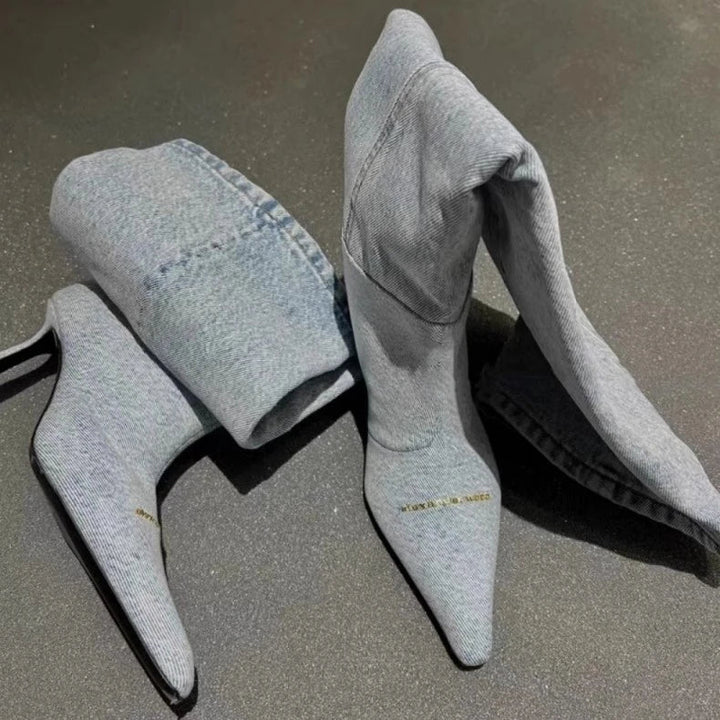 High-heeled denim pointed-toe boots - Jax