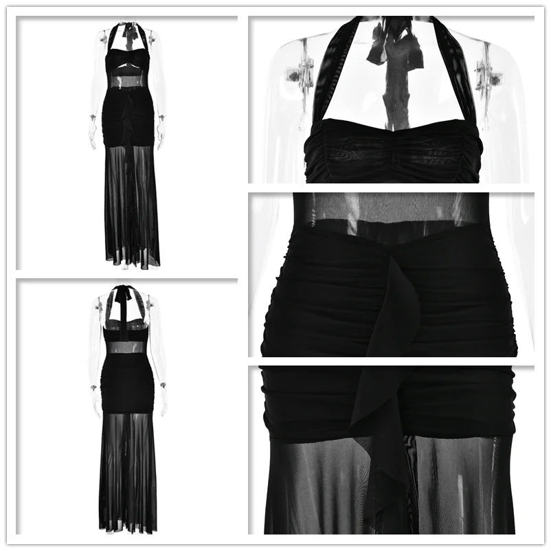 שמלת מקסי שיפון בעיטור כיווצים ומלמלה קשירה בצוואר - שלי