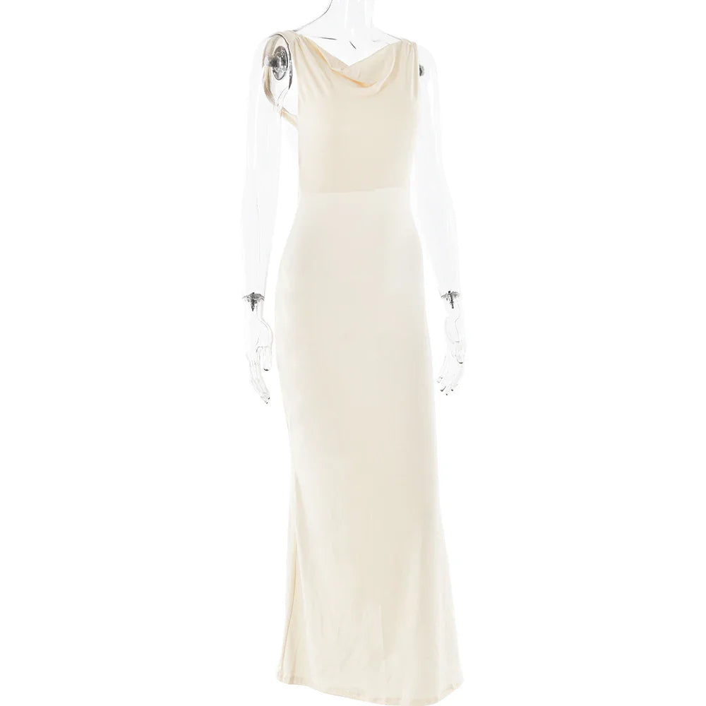 שמלת מקסי צמודה בגזרת בת ים גב פתוח מחשוף נופל - קרי