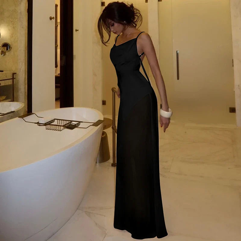 שמלת מקסי סאטן בעיטור שיפון גב פתוח - גרייסי