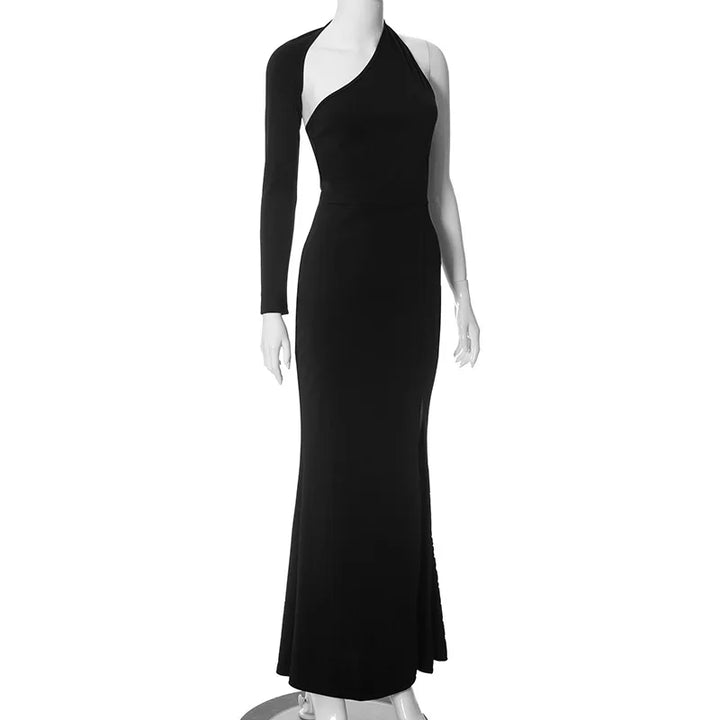 Asymmetrical maxi evening dress with deep slit and one sleeve - Eva