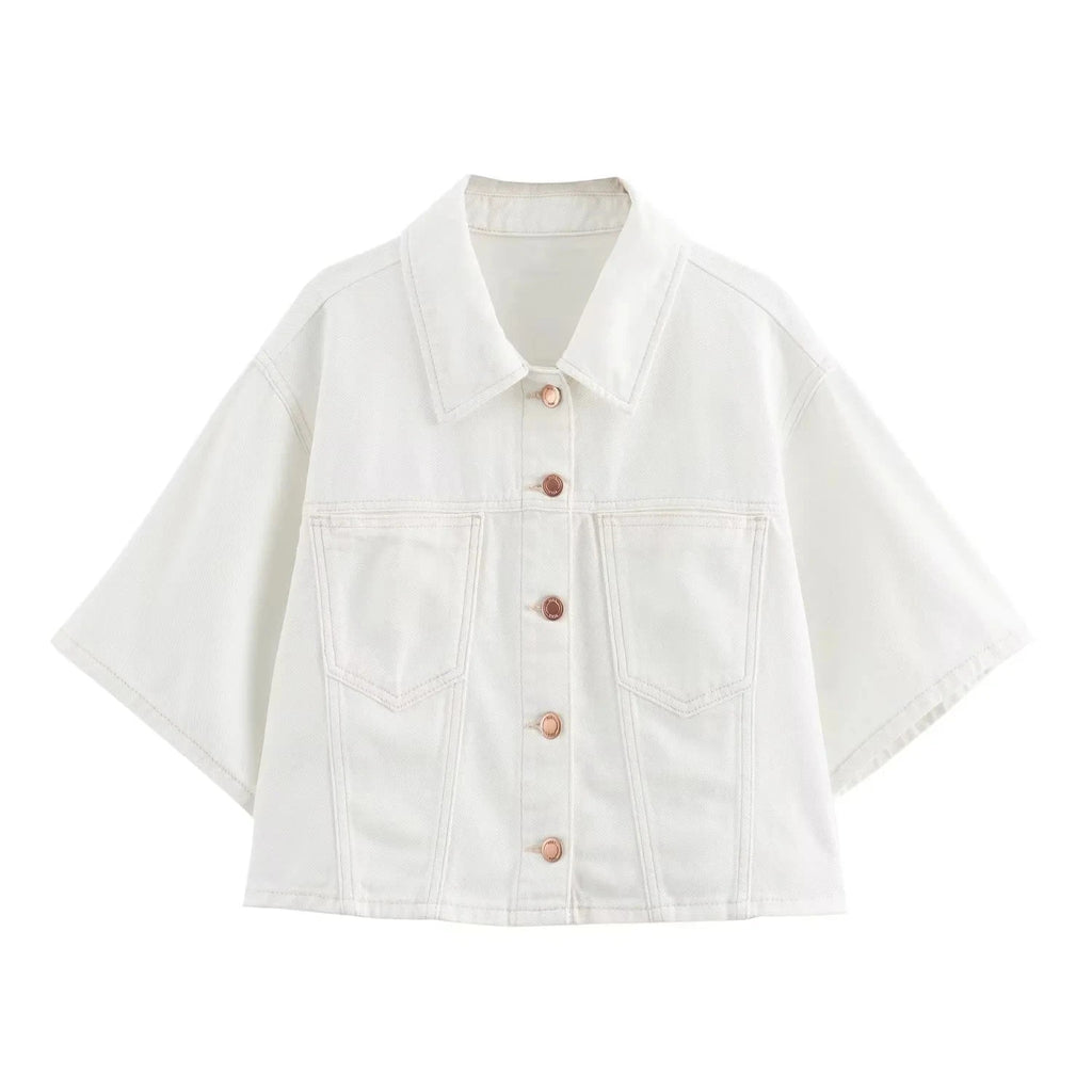 חליפת דנים שני חלקים לבנה מכנס חצאית ובלייזר מכופתר צווארון פולו  -  ג'נסיס