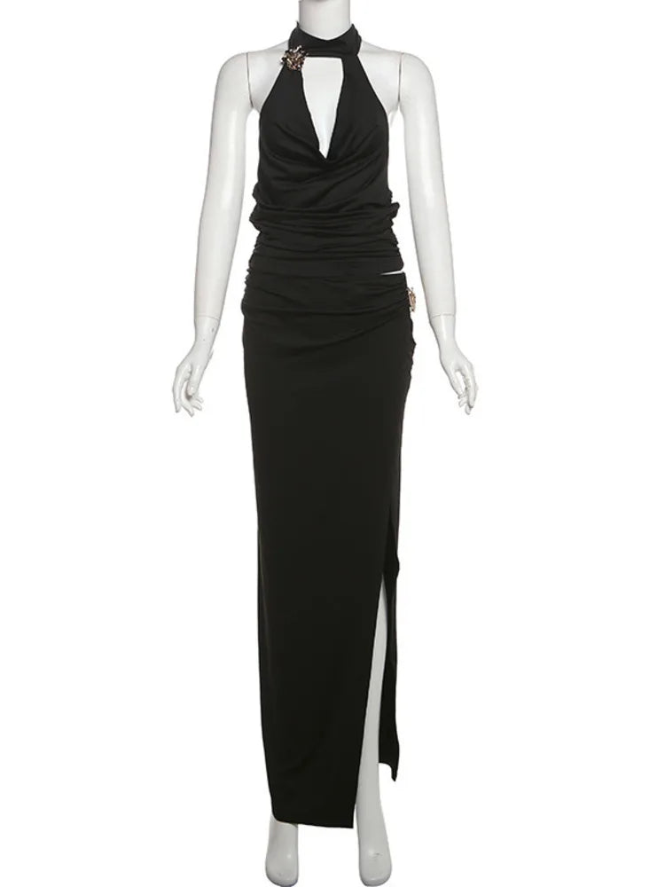 סט שני חלקים טופ וחצאית מקסי בעיצוב שסע בעיטור אבזמי פרח - מלינה