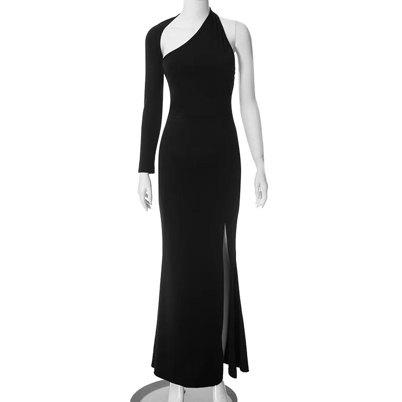 Asymmetrical maxi evening dress with deep slit and one sleeve - Eva