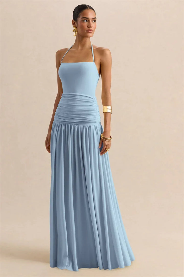Pleated maxi dress with a neck tie and open back - Tuval