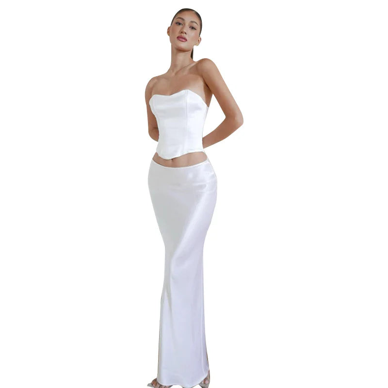 סט סאטן שני חלקים טופ סטרפלס וחצאית מקסי - סיאנה