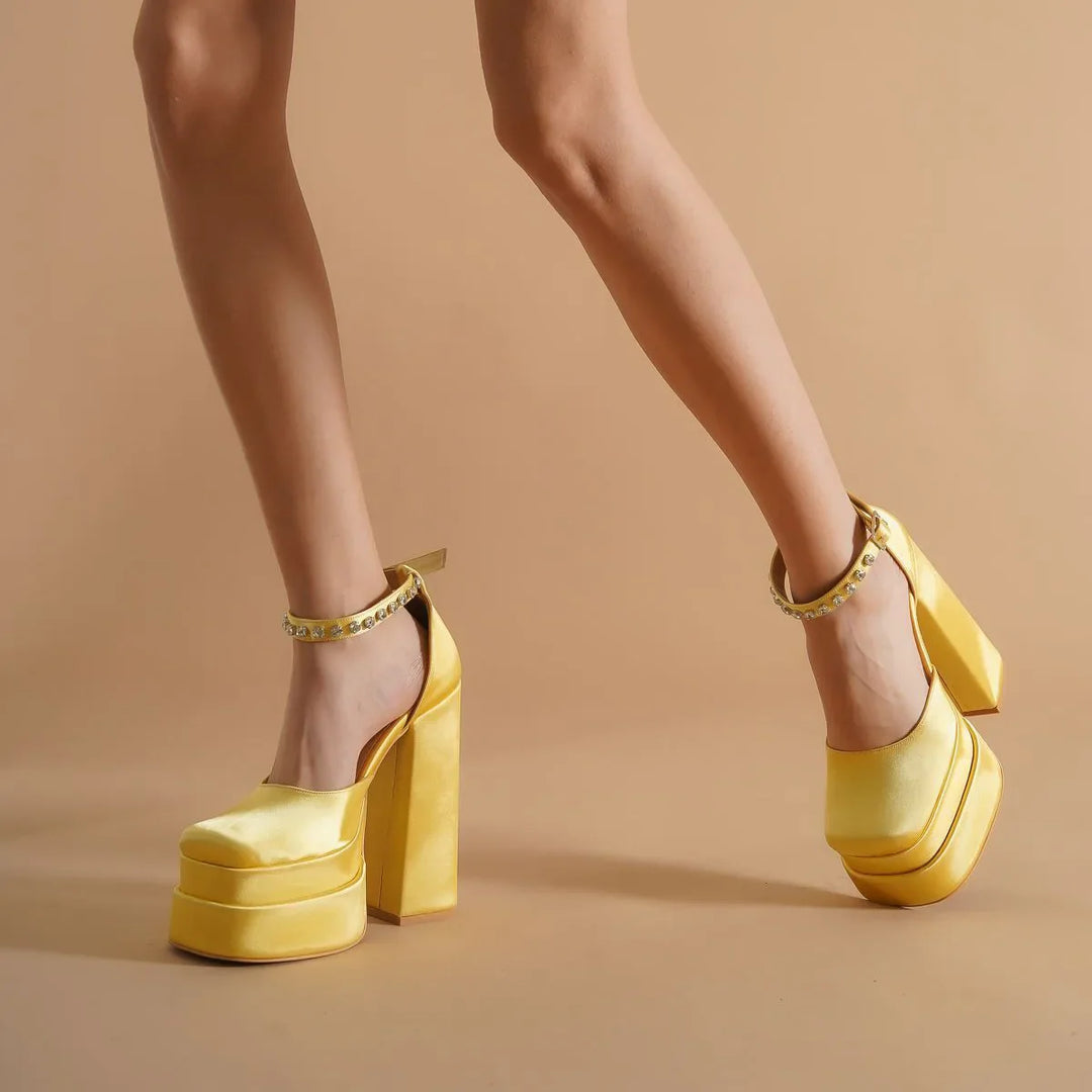 Platform doll shoes in silk satin fabric decorated with diamonds - Melis