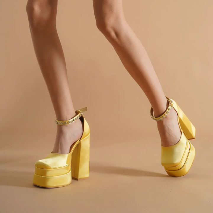 Platform doll shoes in silk satin fabric decorated with diamonds - Melis