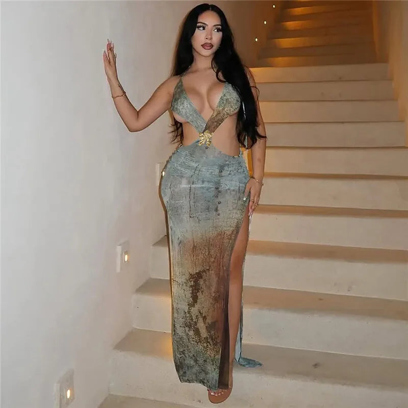 שמלת מקסי בעיצוב הדפס מיוחד בעיטור אבזם פרח - איירס