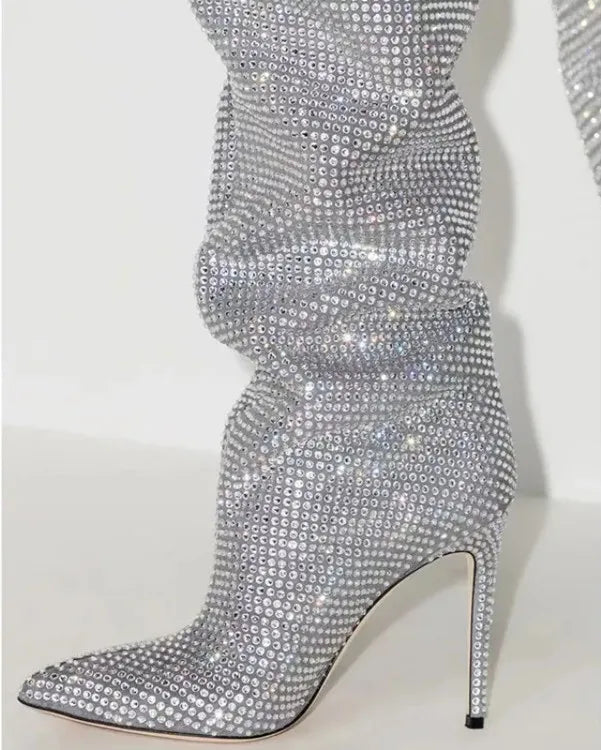 High-heeled pointed-toe boots with glittery rhinestones - Josie