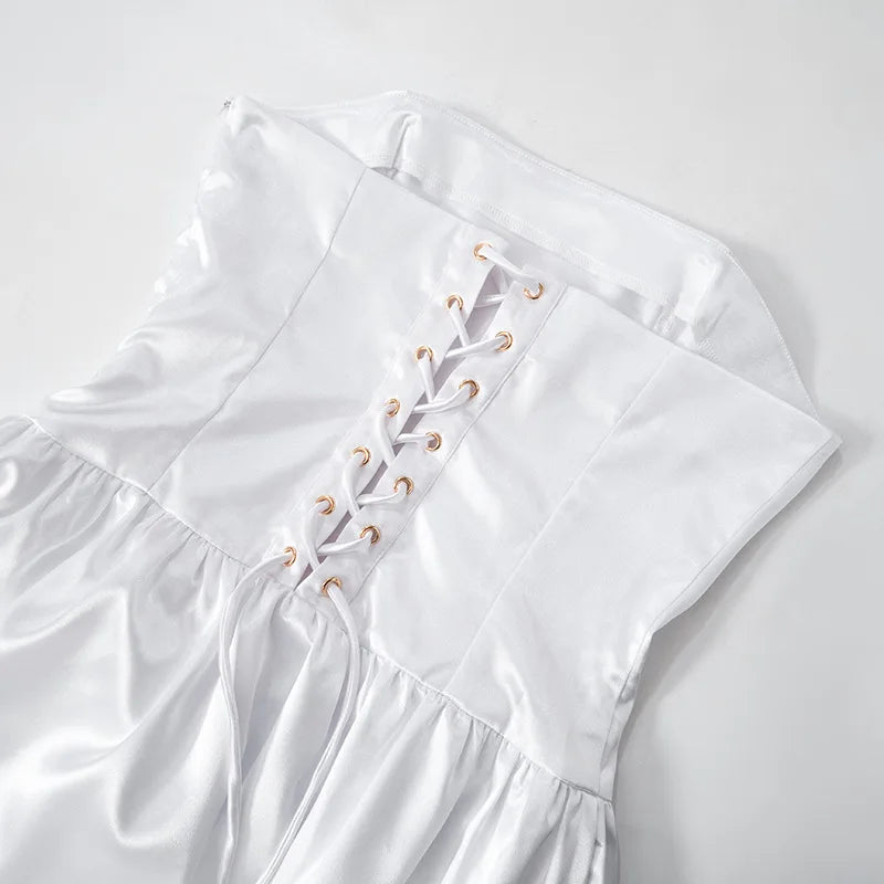 שמלת מיני סטרפלס סאטן קשירות בגב - מילי