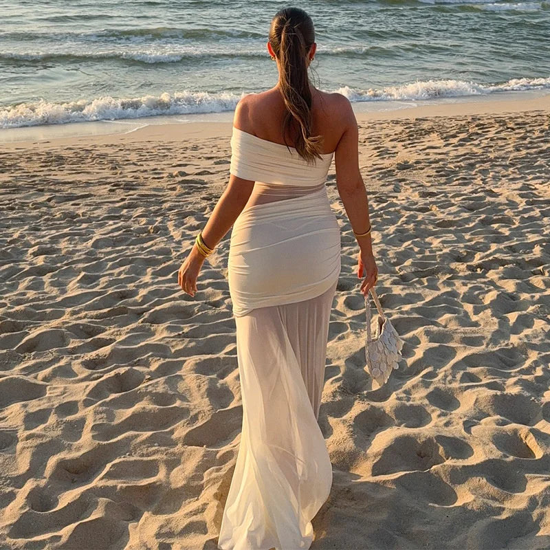 שמלת מקסי כיווצים בעיצוב שיפון כתפיים חשופות - מלאניה