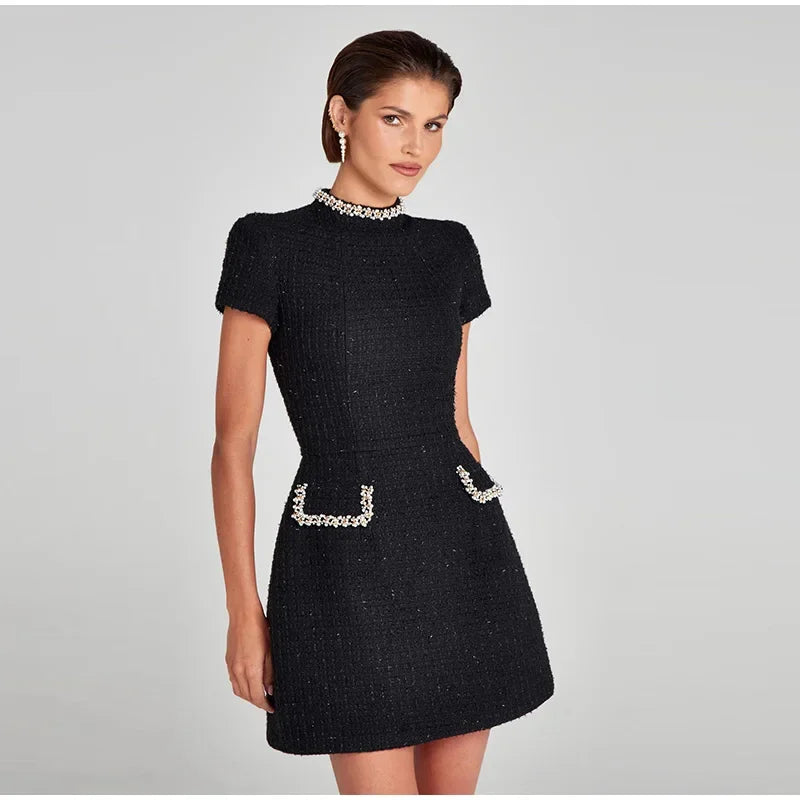 שמלת מיני אלגנטית שרוול קצר/ארוך סגנון מחויט בד ארוג בעיטור נצנצים ופנינים - Lucia