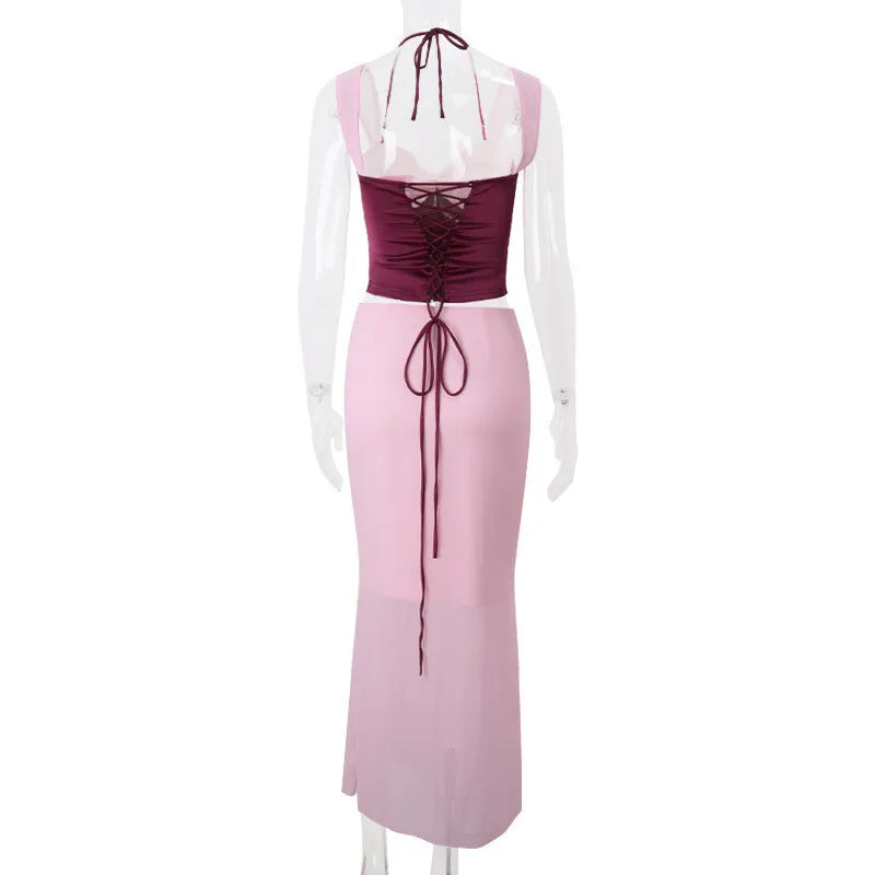 סט שני חלקים חולצה בעיצוב סאטן וחצאית מקסי בעיטור שיפון - מקסימה