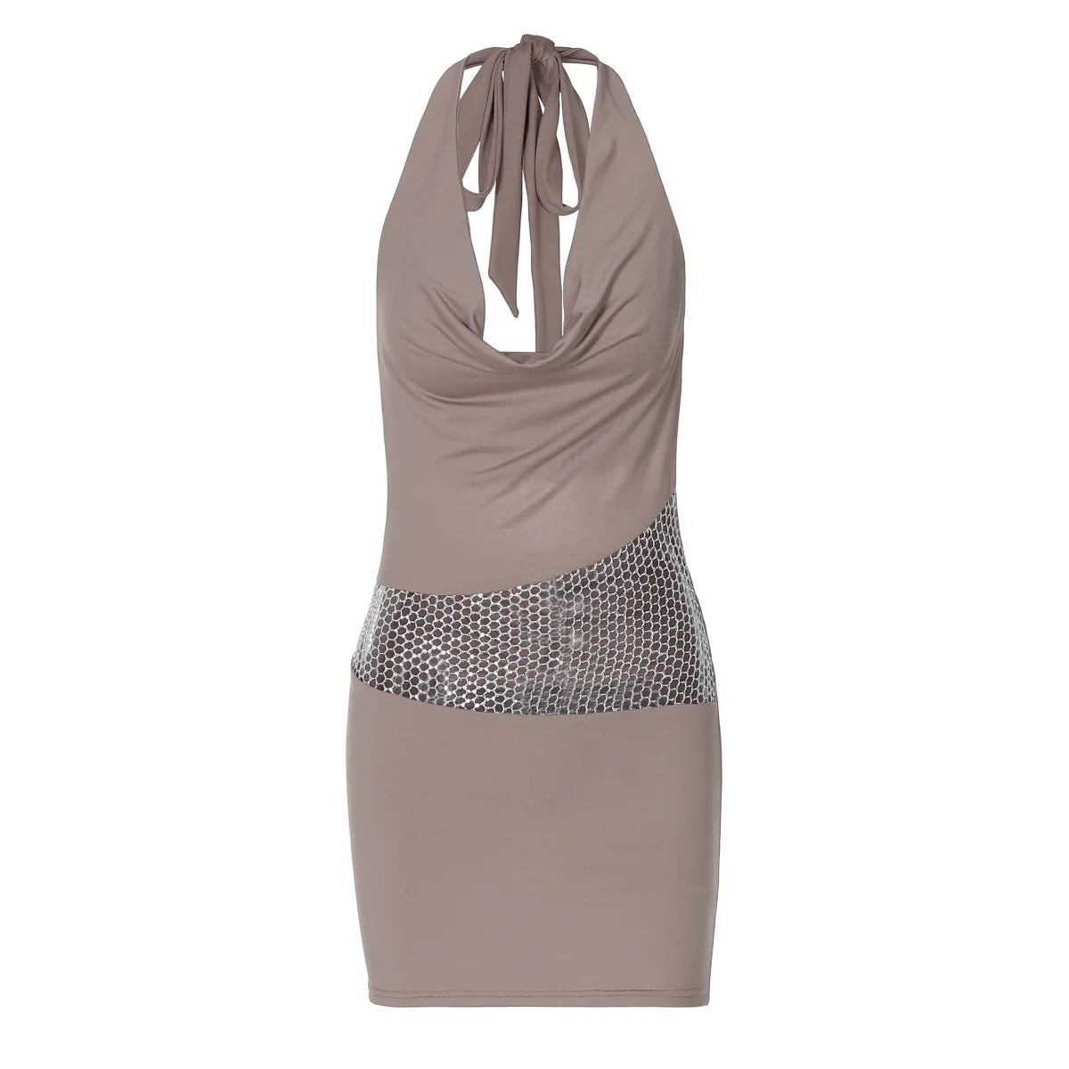 שמלת מיני צווארון נופל בעיצוב רשת זרקונים מנצנצים כיווצים בישבן קשירה בצוואר - Linda