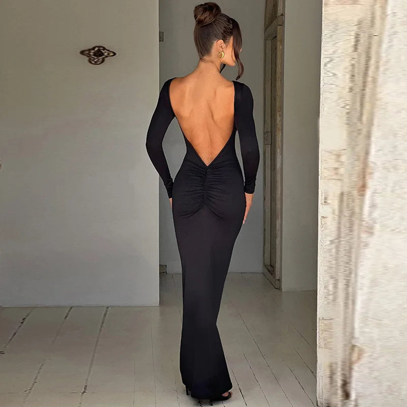 שמלת מקסי אלגנטית גב פתוח שרוולים ארוכים - עמליה