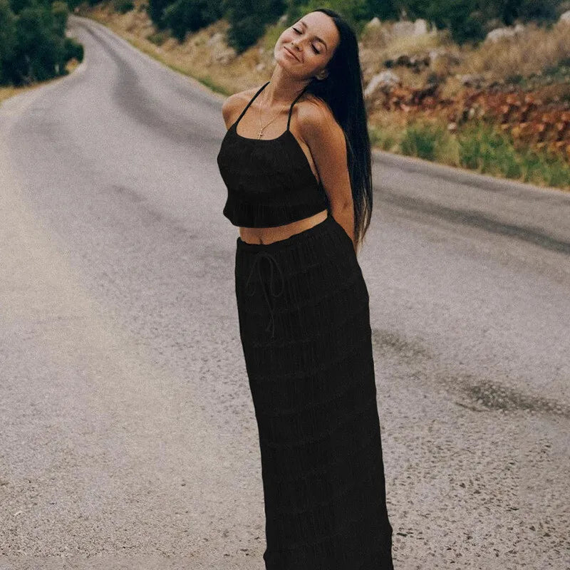 סט שני חלקים בעיצוב שיפון וכיווצים טופ קשירה וחצאית מקסי - אורורה