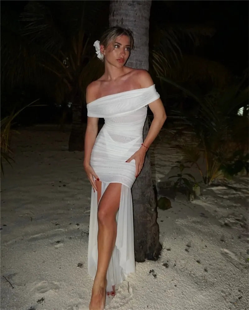 שמלת חוף שקופה כתפיים חשופות בעיצוב שסעים - לילאה