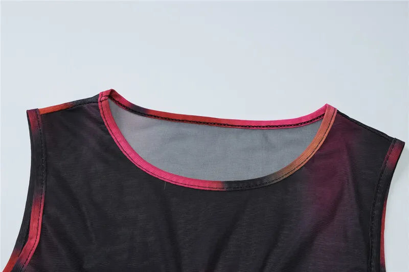 סט שני חלקים בד רשת בעיצוב טאי דאי טופ וחצאית מקסי בעיטור שסע - פלורנס