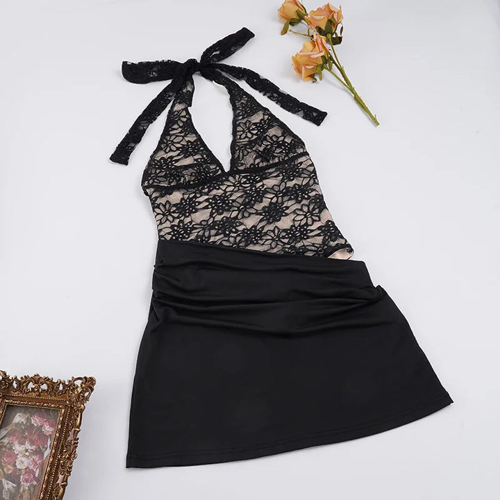 Pleated mini dress in lace bodysuit design - LISS