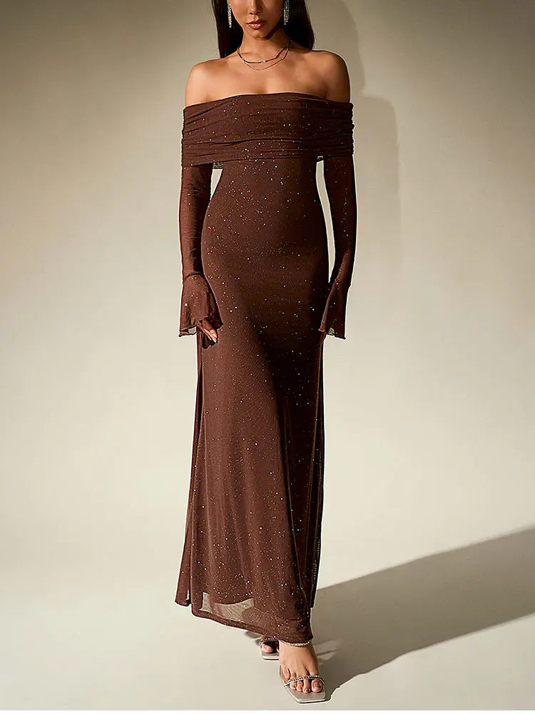 שמלת מקסי נצנצים בעיצוב כתפיים חשופות שרוולי פעמון - מרגריטה