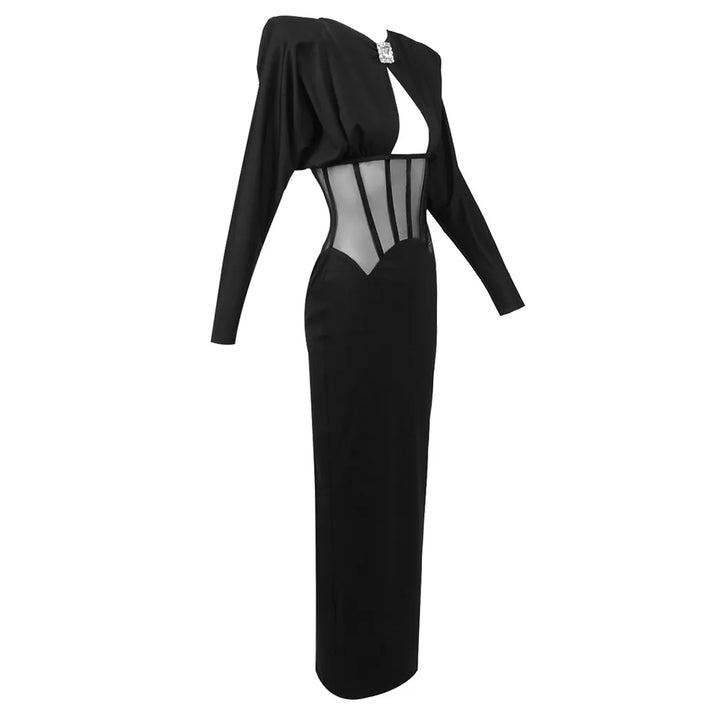 Maxi dress with a slit design and a mesh bodice with a diamond buckle - AMOR