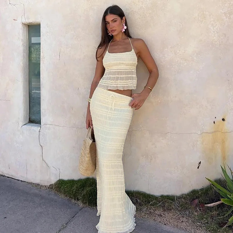 סט שני חלקים בעיצוב שיפון וכיווצים טופ קשירה וחצאית מקסי - אורורה