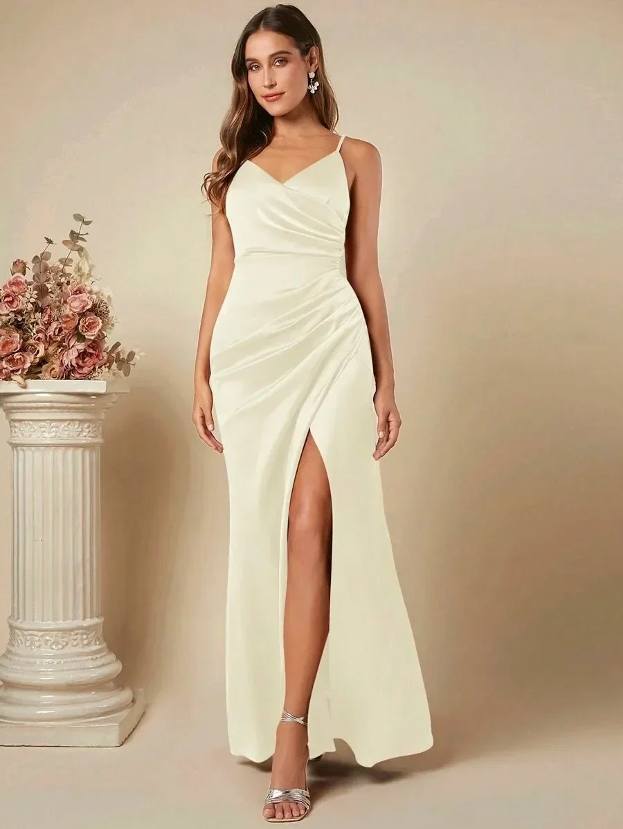 שמלת מקסי סאטן אלגנטית בעיטור שסע - ריינה