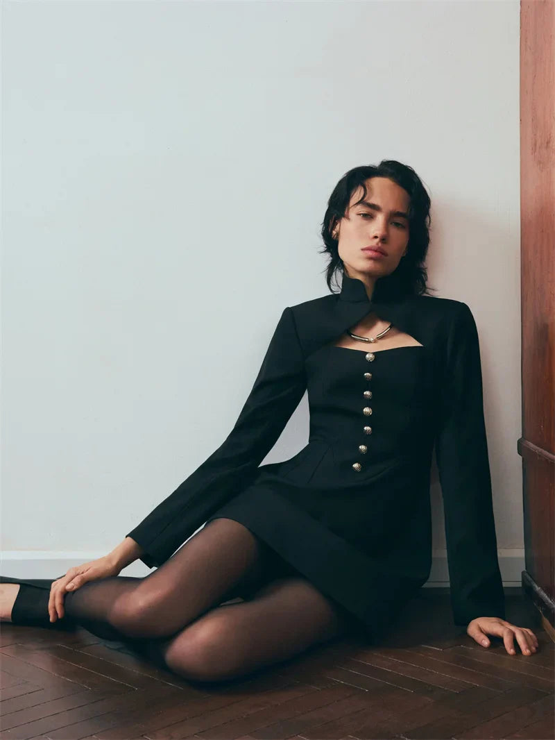 A-line tailored turtleneck mini dress with button detail - Mary Lane