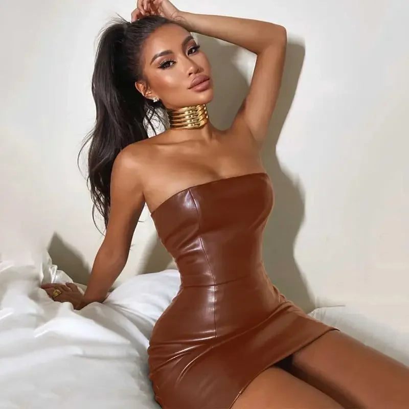 שמלת מיני סטרפלס דמוי עור - ROXEN