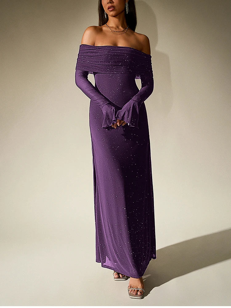 שמלת מקסי נצנצים בעיצוב כתפיים חשופות שרוולי פעמון - מרגריטה