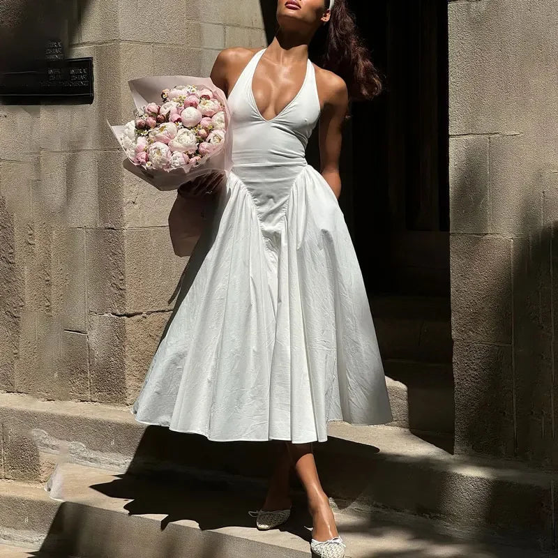 שמלת מידי בגזרת A קשירה בצוואר גב פתוח - Makenna