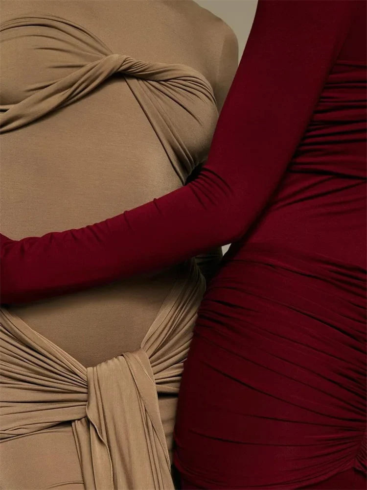 שמלת מקסי צנועה בעיצוב כיווצים וקשירה - נאהב