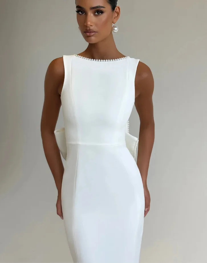 שמלת מקסי בעיצוב אלגנטי יוקרתי בעיטור פפיון ופנינים גב פתוח - קריסטין