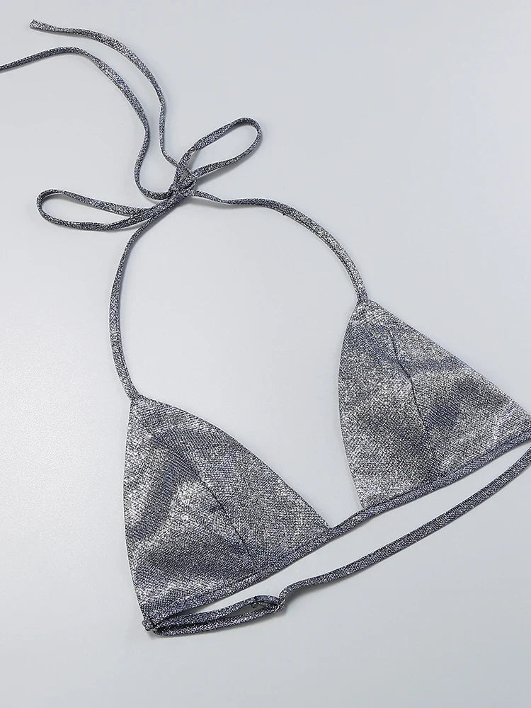 חליפת 3 חלקים גליטר מנצנצת חזייה בלייזר ומכנסיים פדלפון גזרה גבוהה - גלורי