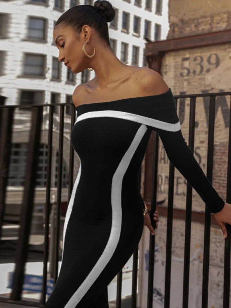 שמלת מקסי כתפיים חשופות בעיטור קווי מתאר - קייטי