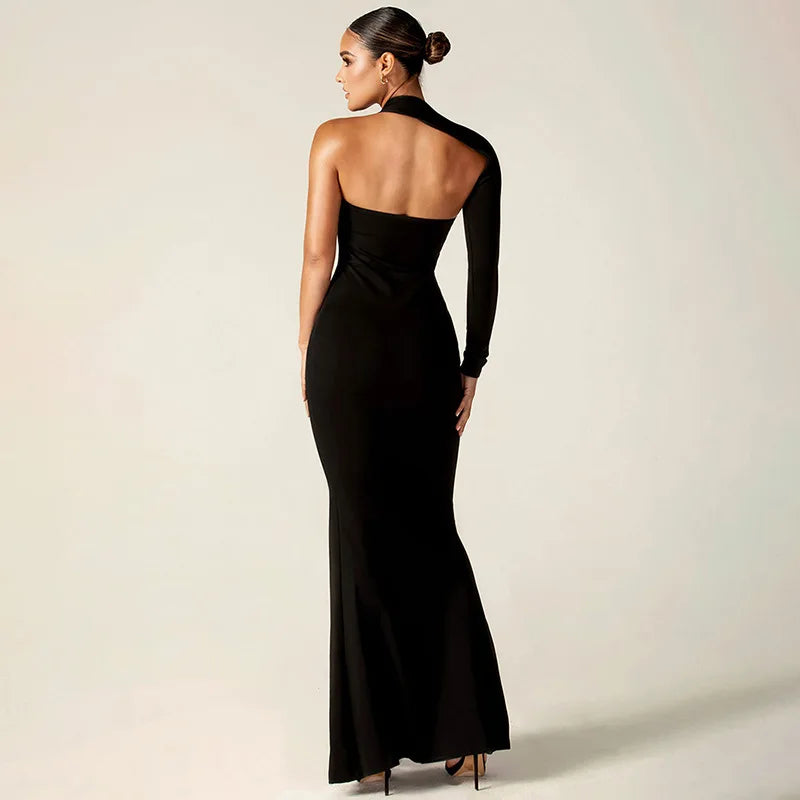 Asymmetrical maxi evening dress with deep slit and one sleeve - Eva